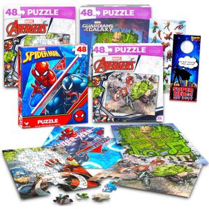 Marvel Heroes Premier Puzzles Set - Bundle with 4 Assorted 48 Piece Avengers and Spiderman Puzzles Plus Stickers and More | Marvel Superhero Puzzles for Boys