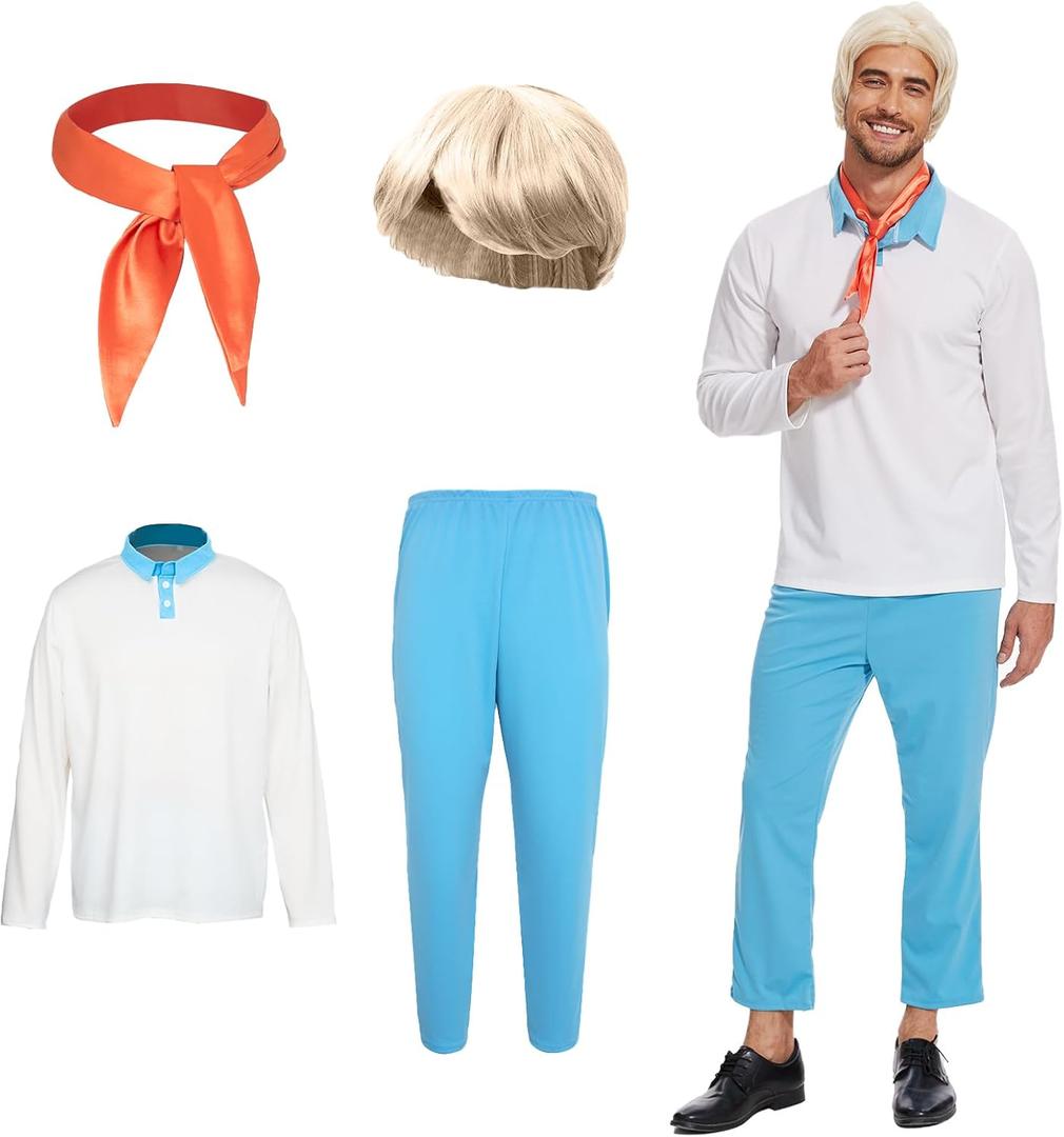 Men Classic Movie Set Adult Halloween Costume Long Sleeve Shirt with Wig Orange Scarf and Trousers (Medium)