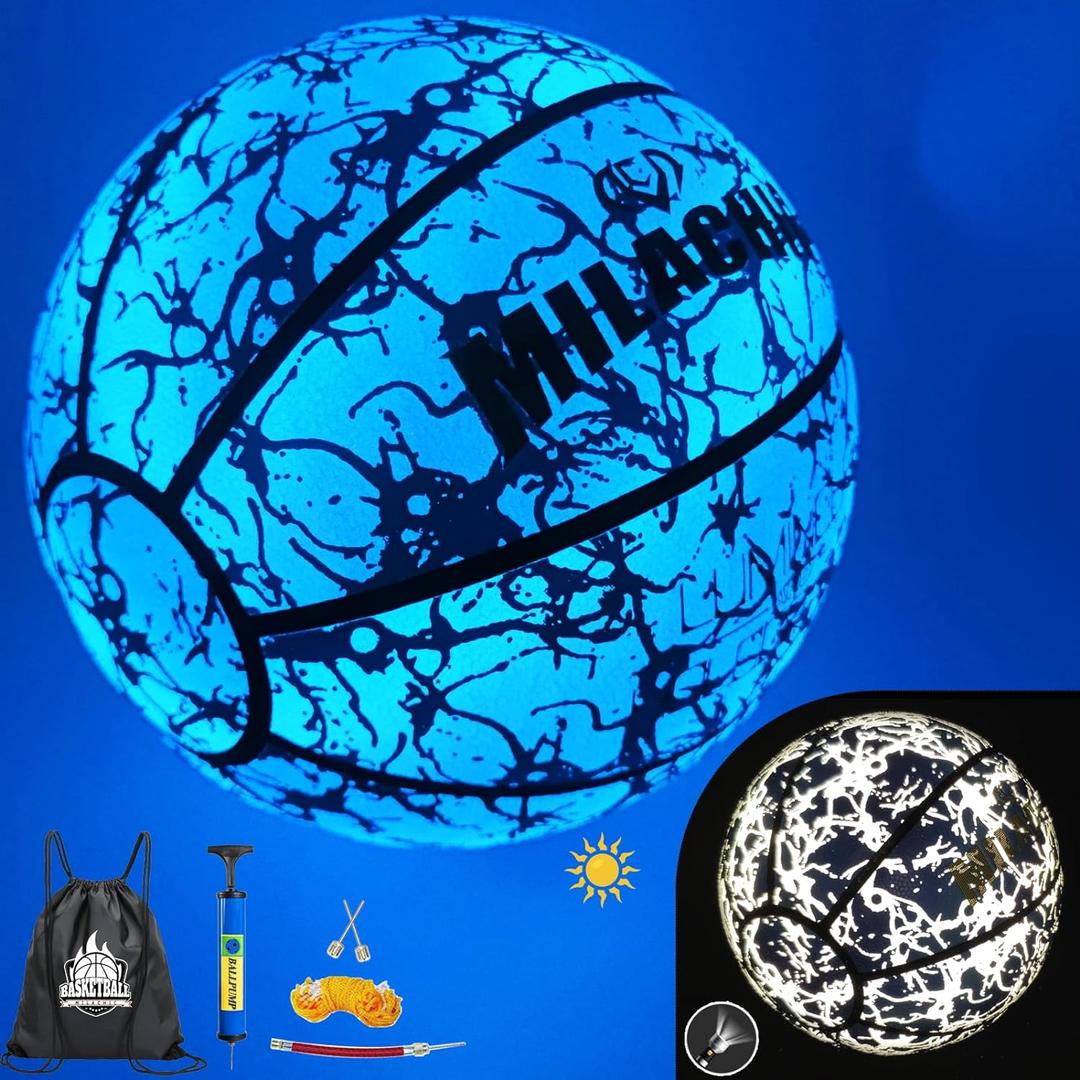 Glow in The Dark Holographic Basketball - Official Size 7 Indoor Outdoor Luminous Glowing Leather Basketball 29.5" - with Pump (Blue)
