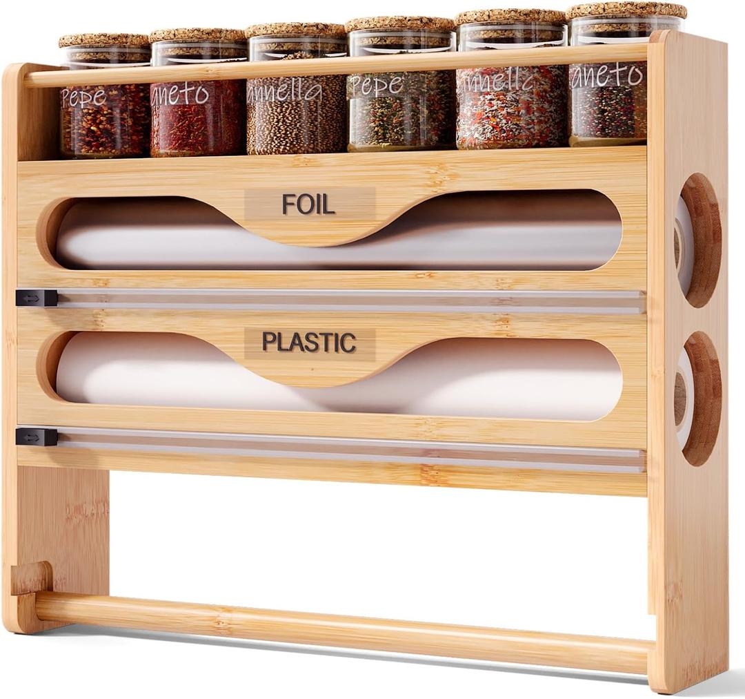 Wrap Dispenser with Cutter and Labels,4-in-1 Wall Mounted Bamboo Plastic Wrap Organizer with Spice shelf and Paper Towel Holder for Aluminum Foil,Cling Wrap,Wax,Parchment,Zipper BagsNatural