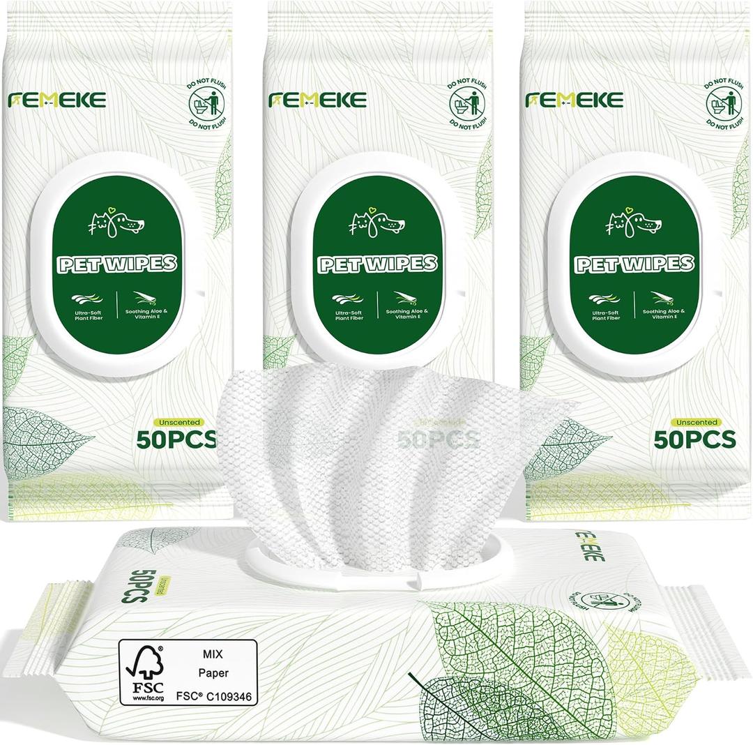 Unscented Dog Wipes & Cat Wipes (4x50 Packs) | Hypoallergenic, pH Balanced for Paws, Body, Eyes & Ears Grooming |All-Natural Plant Fiber Wipes with Aloe & Vitamin E | Pearl Texture