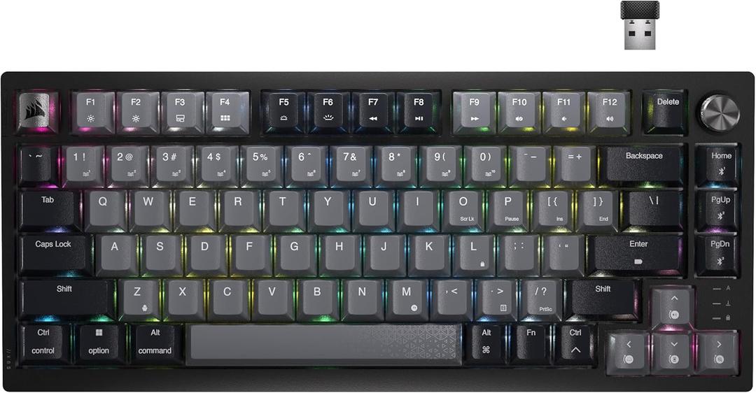 Corsair K65 Plus Wireless 75% RGB Mechanical Gaming Keyboard  Pre-Lubricated MLX Red Linear Switches  PBT Dye-Sub Keycaps  PC, Mac, PS5, PS4, Xbox, iPad  QWERTY NA  Black/Gray
