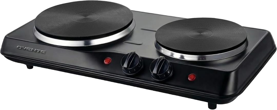 OVENTE Electric Countertop Double Burner, 1700W Cooktop with 7.25" and 6.10" Cast Iron Hot Plates, Temperature Control, Portable Cooking Stove and Easy to Clean Stainless Steel Base, Black BGS102B
