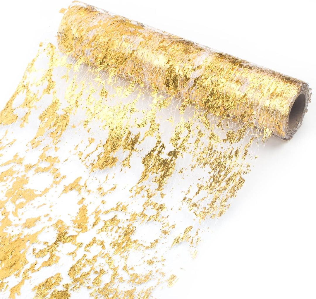 Gold Table Runner 11 inch x 32 Feet Glitter Metallic Gold Foil Mesh Table Runner Roll Table Decorations for Wedding, Birthday, Banquet, Christmas