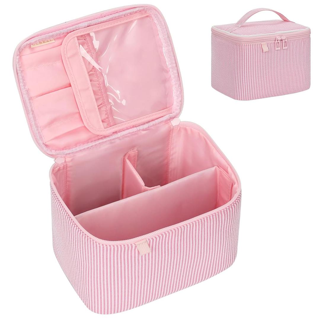OCHEAL Makeup Bag Large Capacity Travel Make up Pouch for Cosmetics, Vertical Storage with Divider Toiletry Bag for Skincare Organization-Pink (Small (Pack of 1), 010_Pink Strips)