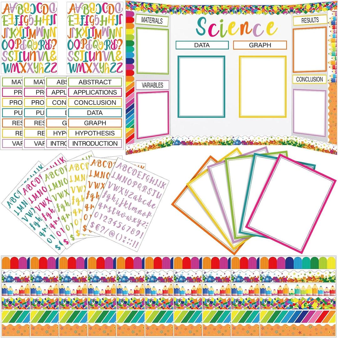 96 Pcs Science Fair Board Supplies 60 Trim Scalloped Poster Boards 24 Presentation Border Stickers 4 Self Adhesive Project Titles 8 Letter Sticker for Classroom Display(Lively Crumbs)
