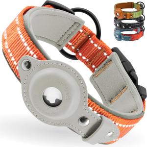 CollarDirect Airtag Dog Collar Reflective Nylon Neoprene Leather Holder for Apple Air Tag for Large, Medium, and Small Dogs (Orange, S, 12-14.5 Inch) (Small 12"-14.5")