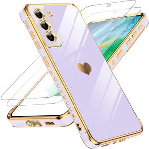 LeYi for Samsung Galaxy S21 FE Case: with Tempered Glass Screen Protector [2 Pcs]+ Full Camera Lens Protection,Love Heart Plating Girly Cute Luxury Soft TPU Shockproof Case for S21 FE,Purple