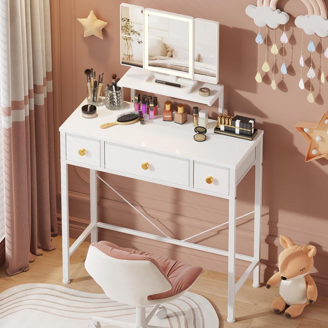 Small Makeup Vanity Desk 27.5''W with Mirror and Lights, Vanity Desk with 3 Fabric Drawers and Height-Adjustable Stand, Vanity Table for Girls Gifts, Bedroom and Small Spaces, White