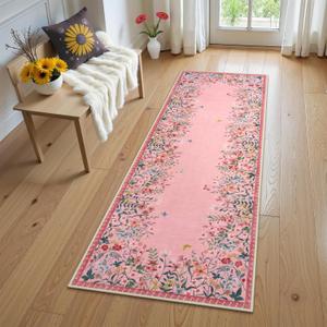 Wonnitar 2x6 Runner Rug for Hallways, Pink Floral Bathroom Rugs Non Slip Washable, Low Pile Soft Botanical Runner for Girls Bedroom Laundry Room Bedside (Pink,2'x6')
