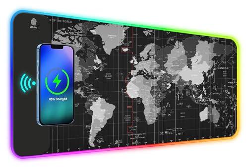 ToLuLu RGB Gaming Wireless Charging Mouse Pad, 5/7.5/10/15W 10 Light Modes LED Mouse Pad Computer Keyboard Mat Mousepad, 800x300x4MM Extended Large Desk Mat for Gaming, MacBook, Laptop, PC,World Map