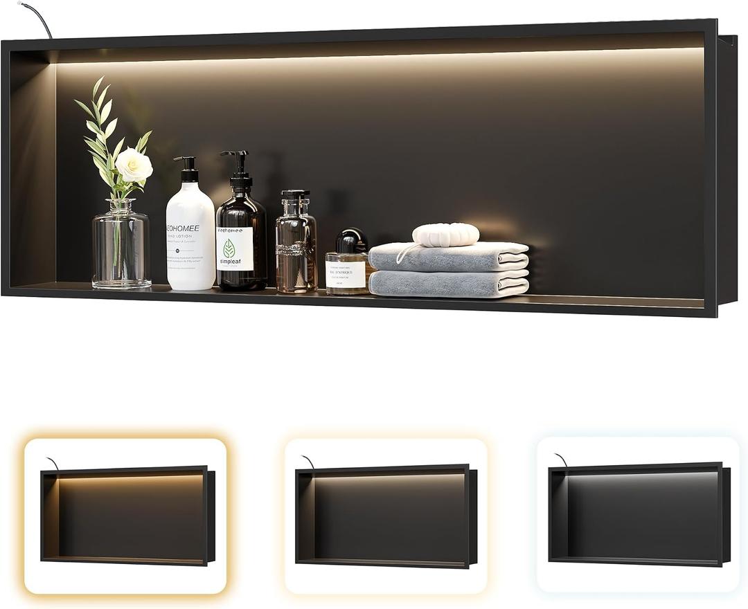 Matte Black LED Shower Niche, 36"X12" Recessed Bathroom Wall Niche Cabinet,3-Temperature LED Strip Light Waterproof No Tile Needed Stainless Steel Storage Organizer in wall, 36X12In