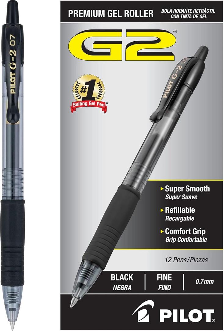 PILOT G2 Premium Refillable & Retractable Rolling Ball Gel Pens, Fine Point, Black Ink, 12 Count (Pack of 1) (31020)