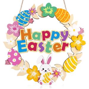 2 x 3D Easter Decoration Wooden Door Wreath for Front Door Sign Happy Easter Bunny Egg Wreath Hanging Wall Decor with Colorful Flowers for Home Indoor Outdoor Party Decor