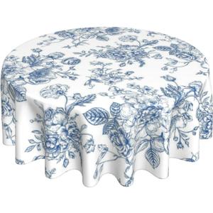 Blue Floral Tablecloth Round 7070 Inch, Blue White Chinoiserie Decor Flower Tablecloth Washable Outdoor Table Cover for Party Picnic Dinner Decor