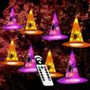 Twinkle Star 8 Pcs Lighted Hanging Witch Hats, Halloween Decorations Lighted Witch Hats with Remote Control String Lights, Battery Powered with 8 Lighting Modes for Garden, Yard, Tree