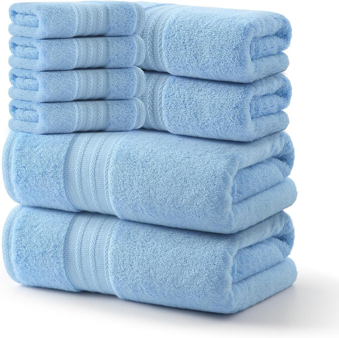 REDKISS 8 Piece Blue Towels Set - 100% Cotton Towels Set with 2 Large Bath Towels, 2 Hand, 4 Washcloths, 600 GSM Highly Absorbent Bath Towel Sets, Blue Quick Dry Shower Towel for Family Dorm Gym