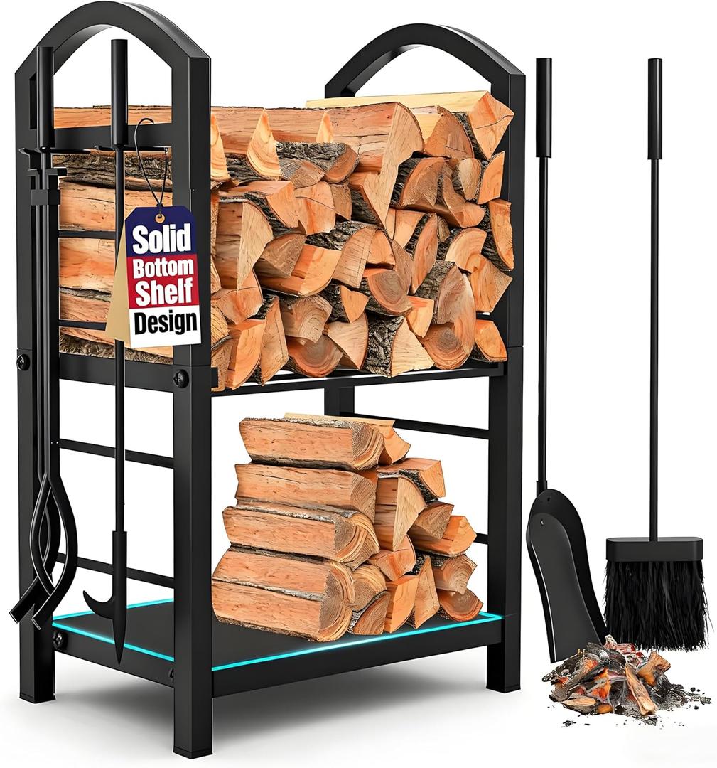 AMAGABELI GARDEN & HOME Firewood Rack Indoor with Tools 5-Piece Fireplace Tools Set Wood Holder Outdoor Wrought Iron Log Holder Firewood Storage Rack for Fireplace,Fire Pit,Wood Stove Black