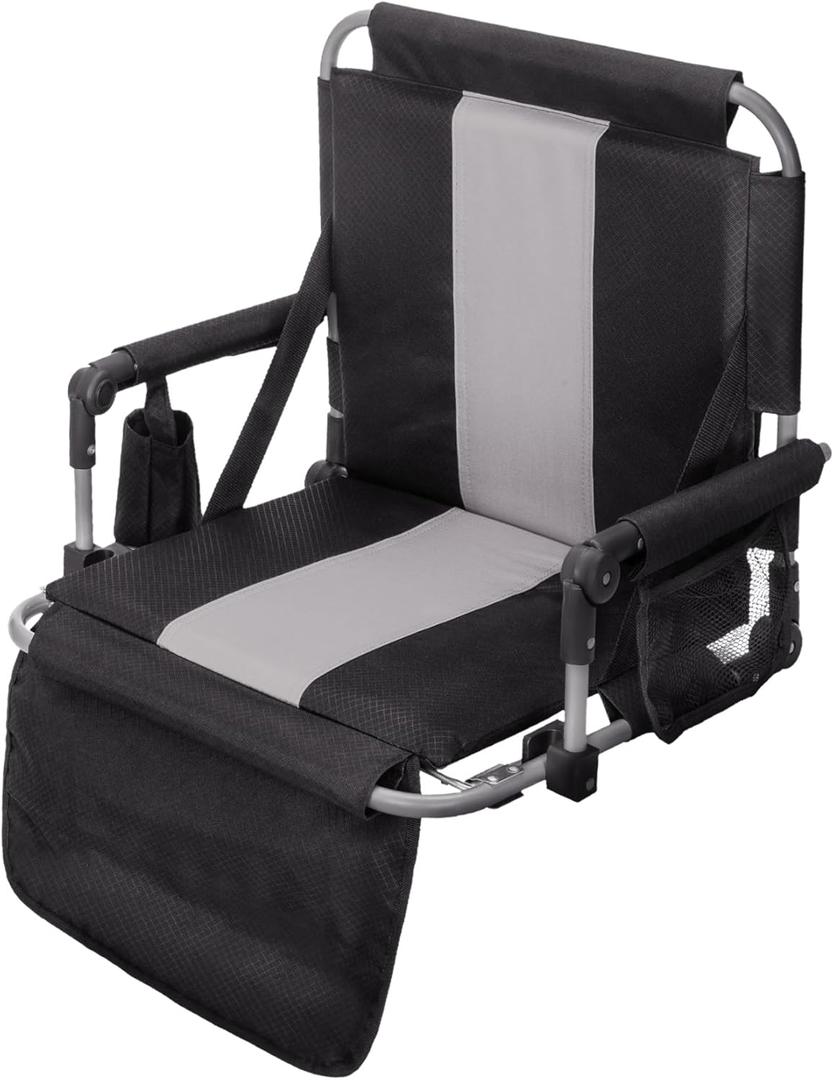 GREEN PARTY Stadium Seat for Bleachers Portable Outdoor Floor Folding Stadium Chair with Armrest, Back Support, Cup Holder, Mesh Bag and Hide Hooks (Black/Grey)