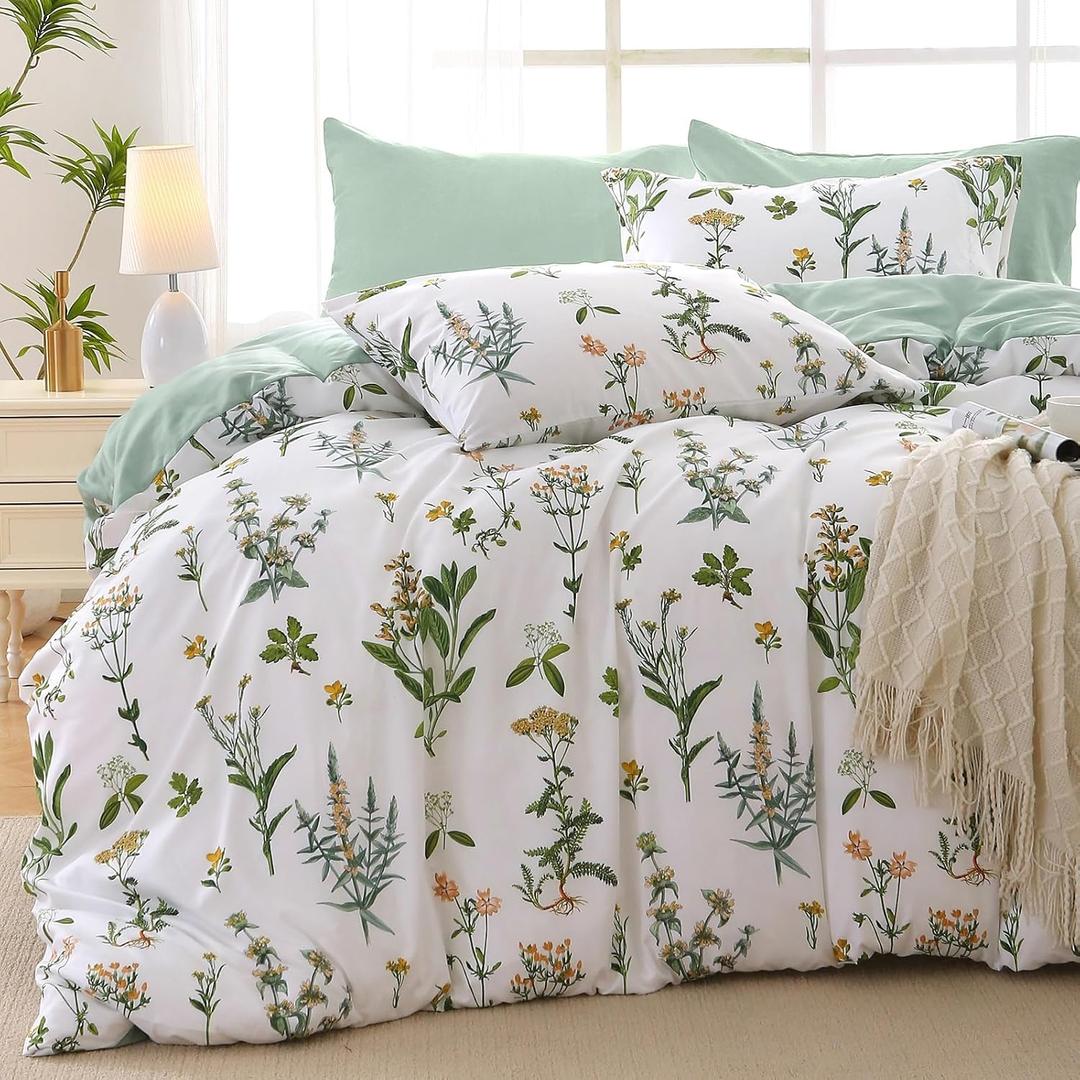 MUXHOMO Full Comforter Set, Green Elegant Floral Print Bed in a Bag 7 Pieces, Ultra Soft & Breathable Reversible Botanical Pattern Bedding Set with Comforter, Sheets, Pillowcases, and Shams