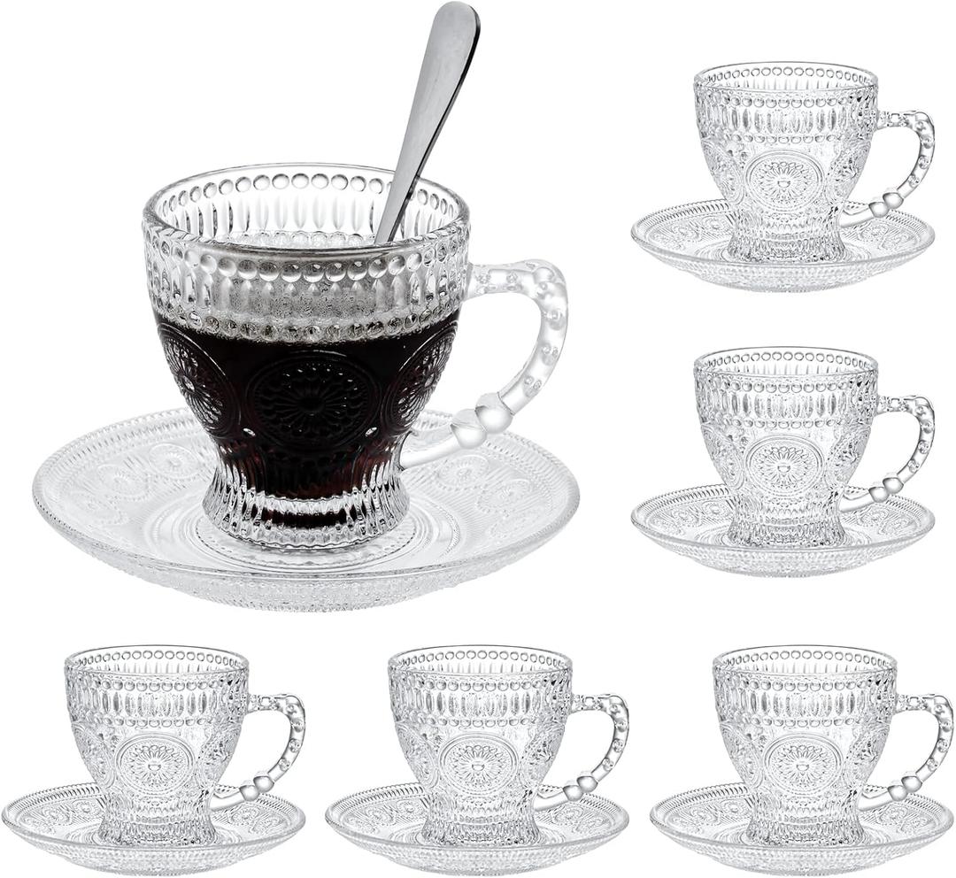 Glass Teacups and Saucers Set of 6, Vintage Coffee Mugs with Stainless Steel Spoon, Dishwasher & Microwave Safe Teacups for Espresso Cappuccino Latte Tea Juice, 7OZ/210ML, Clear