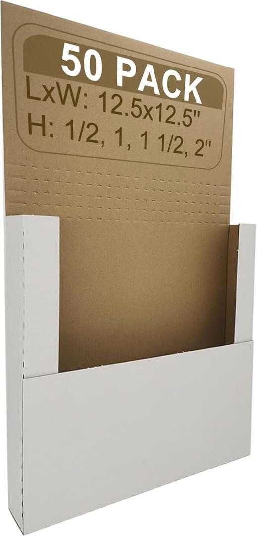 50 Pack Vinyl Record Shipping Box Mailers, 12.5" x 12.5" x 2", Perfect for 12-inch Lp Album, Height Adjustable Cardboard, White (YD1212E50)