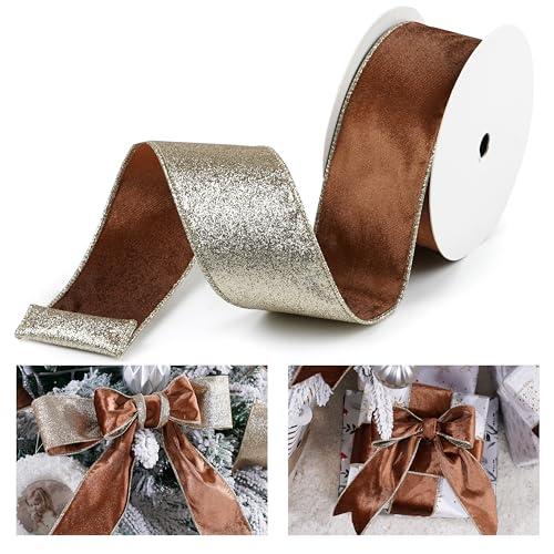 LIZLOVESS Brown Velvet Wired Ribbon with Glitter Back 2.5 Inch Camel Christmas Ribbon Wired Reversible Ribbon for Christmas Tree, Gift Wrapping, Crafts, Wreaths Supplies, Topper Bows (10 Yards)