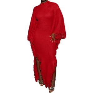 LETSVDO Women's Fringe Sweater Dress Long Sleeve Bodycon Batwing Knit Mock Neck Slit High Low Party Maxi Dresses, Red, X-Large