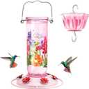 Kingsyard Hummingbird Feeder for Outdoor Hanging - Charming Patterned Glass Humming Bird Feeder with 6 Feeding Ports and Ant Moat, Ideal Gift Choice for Bird Lovers, Pink