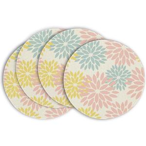 Artoid Mode Pink Yellow Blue Dahlia Floral Boho Easter Round Placemats Set of 4, 15 Inch Spring Round Table Mats for Dining Decoration