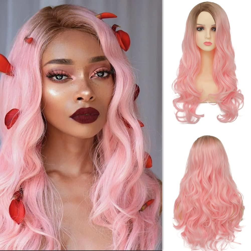 Pink Wigs for Women Dark Roots Hairs Long Curly Wavy Light Pink Loose Natural Wig Synthetic Cosplay Wigs