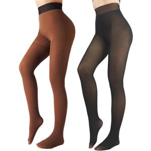 2 Pairs Women Fleece Lined Tights-Fake Translucent Leggings High Waist Pantyhose Sheer Thick Warm Tights For Women, Medium