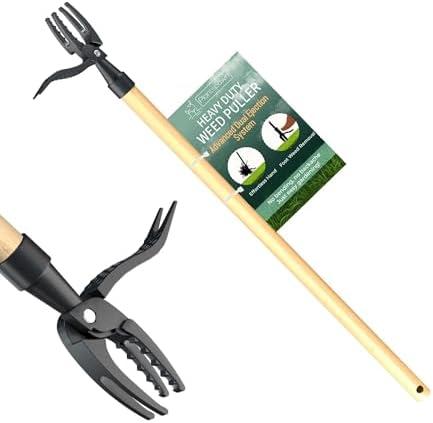 PlantSpawn Manual Stand Up Weed Puller Tool 44" with Long Bamboo Handle – Heavy Duty 4-Claw Wooden Head Weeder for Root Removal – Ergonomic Weeding Tool for Dandelion, Lawn, Yard & Garden Maintenance