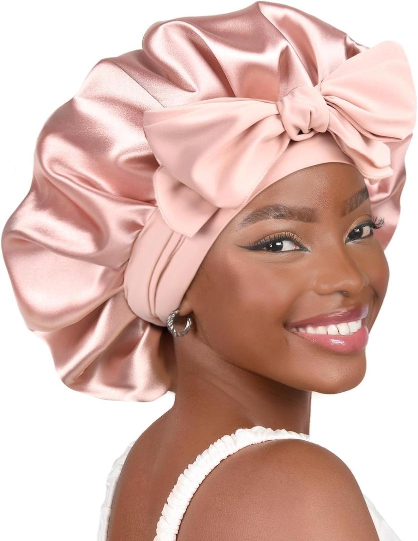 YANIBEST Silk Bonnet for Sleeping Women Satin Bonnet Double Layer Satin Lined Hair Bonnet with Tie Band Curly Hair (Large, Blush Pink)