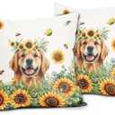 Sunshine Dog Pillow Covers 18x18in Set of 2 Yellow Sunflower Golden Retriever Puppy Throw Pillowcases Summer Bees Floral Cotton Linen Sofa Couch Patio Bedroom Cuchion Cover Decor