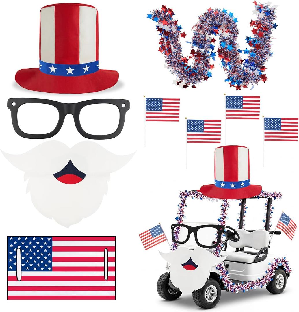 11 Pcs 4th of July Golf Cart Decorations Kit, Patriotic Parade Set with Hat Glasses Beard, Seat Covers, Flags & Bunting, Red White Blue for 250th Anniversary Memorial Day Party Favors, X-Large