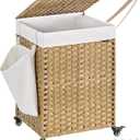 SONGMICS Laundry Hamper with Lid, 31.7 Gallons (120 L), Rolling Laundry Basket with Wheels, Synthetic Rattan, Removable Liner, Bedroom, 18.1 x 15.7 x 26 Inches, Natural Color ULCB161Y01
