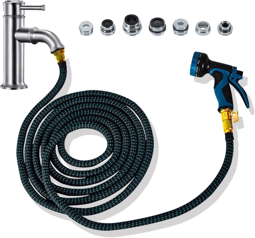Sink Hose Attachment for Faucet - 50 FT Indoor Hose Faucet with 7 Adapters 10 Function Nozzlefor Kitchen Bathroom Sink Hose, Watering Plants, Washing Pets, Household Cleaning