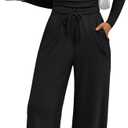 Trendy Queen 2 Piece Scoop Neck Lounge Set Womens Wide Leg Pants Side Ruching Slightly Crop Top Sweatsuit Sets With Pockets (Medium, Black)