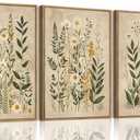 3 Piece Botanical Wall Art Framed Canvas Floral Prints Decor 16x24 inch Neutral Botanical Artwork Featuring Daisy Flowers And Green Plant Prints With Vintage Farmhouse Style For Living Room Bedroom