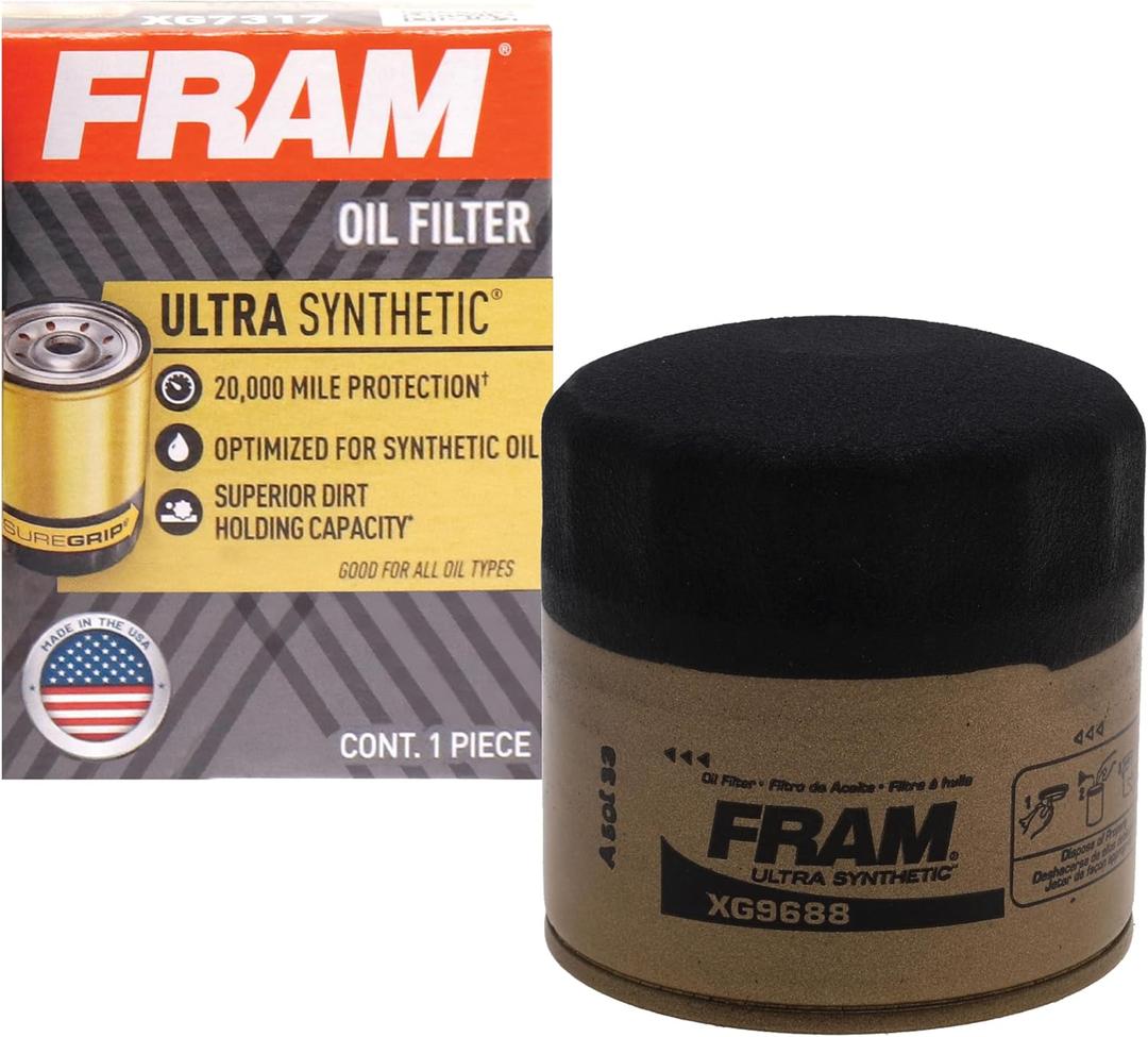FRAM Ultra Synthetic Automotive Replacement Oil Filter, Designed for Synthetic Oil Changes Lasting up to 20k Miles, XG9688 with SureGrip (Pack of 1)