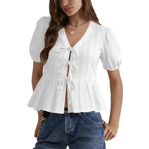 Womens Puff Sleeve Peplum Babydoll Tops Tie Front Cotton T Shirts Summer Casual Loose Fit Flowy Bow Blouse (Medium)
