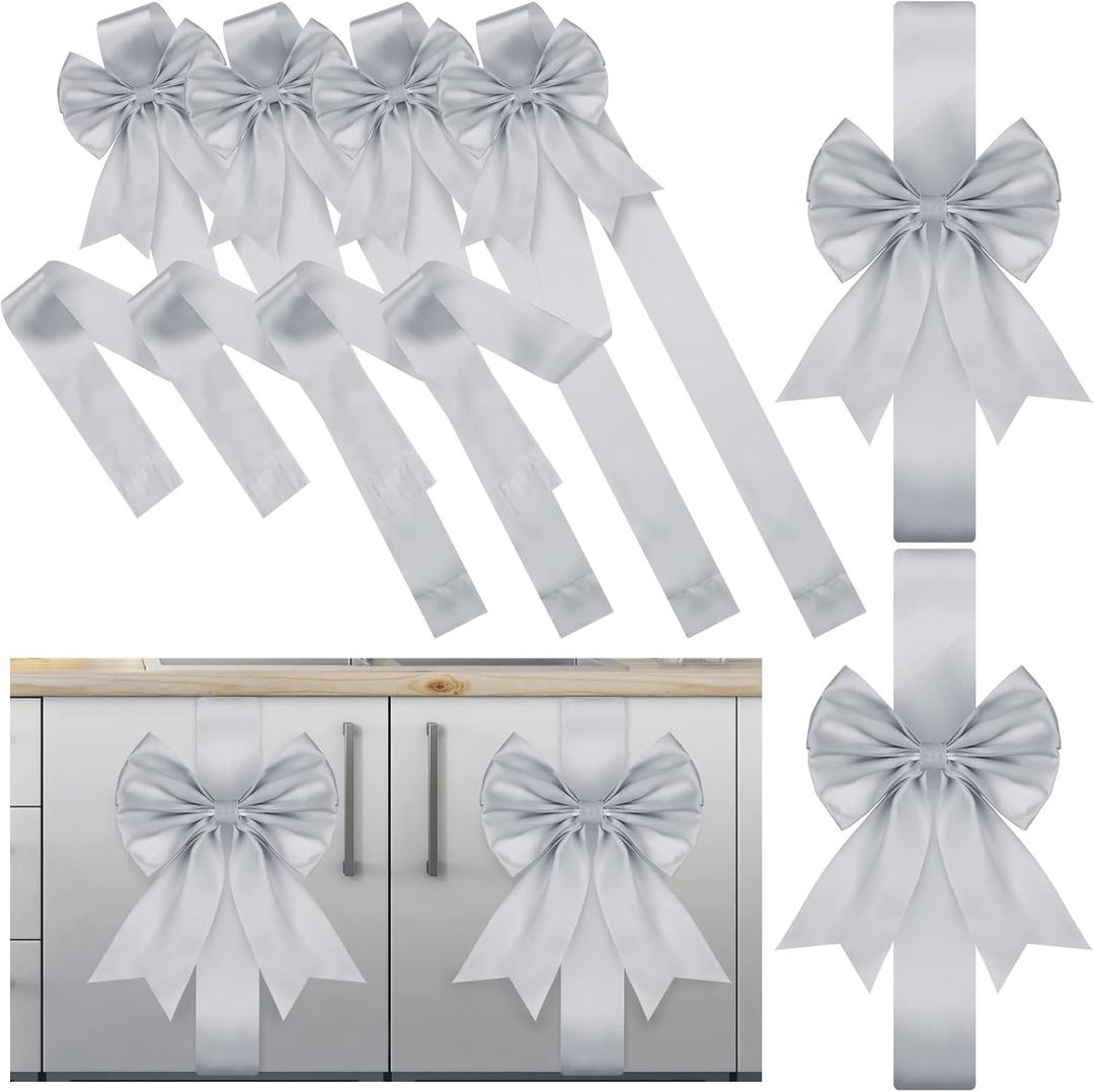 Syhood 8 Pieces Christmas Cabinet Big Bows Door Decorative Ribbon Festive Large Cabinet Ribbon Bows for Kitchen Cabinets Furniture Room Decorations (Silver)
