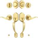 LOQRON Double Front Door Handle Set with Dummy and Deadbolt, Brushed Gold Entry Front Door Lock Set with Gold Classic Half Grip Curved Door Handle for Exterior Doors or Office, Satin Brass