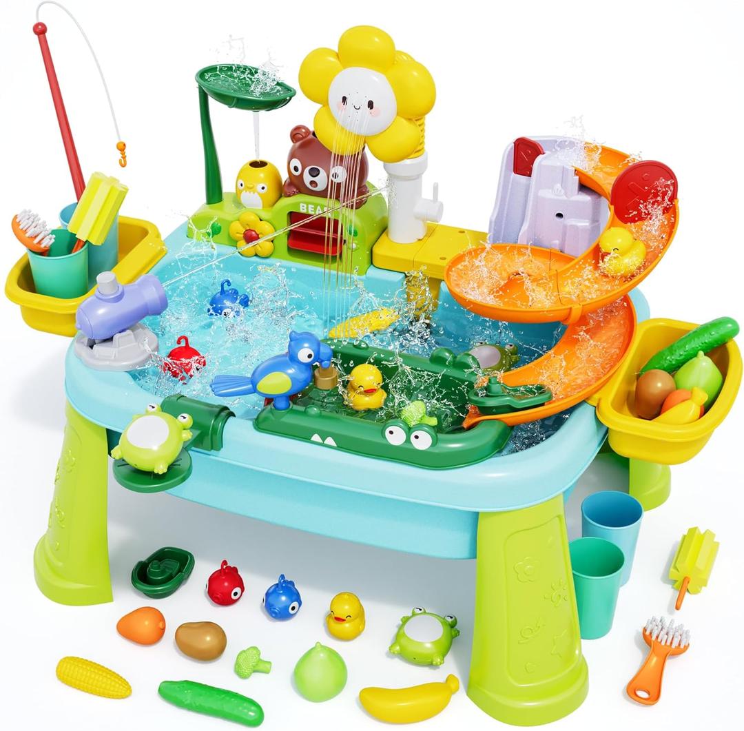 2026 New Kids Sand & Water Table Toys for Toddlers, Multifunctional Play Kitchen Sink with Fishing Game, Spray Function,Kitchen Toys, 360 Electric Faucet,Summer Indoor Outdoor Gifts for Boys Girls