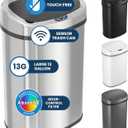 iTouchless 13 Gallon Oval Sensor Trash Can with Odor Filter, 50 Liter Automatic Kitchen Garbage Bin, Fingerprint-Proof Stainless Steel, Smart Hands-Free Motion Lid, Quiet Soft-Close, Brushed Silver (Light Silver, Black)