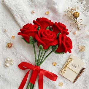 Zeyune 5 Pcs Handmade Crochet Rose Bouquet, Knitted Eternal Roses Flowers, Romantic Gift for Women, Artificial Crochet Flowers for Home Decor Wedding Anniversary Day (Red)