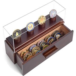 Challenge Coin Display Case, Military Coin Collection Holder with Wooden Coin Box, Drawers, and Clear Acrylic Lid Gifts for Coins Collectors (4 Pillars)