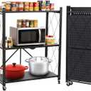 COKIHOM 3-Tier Folding Shelf, No Assembly Metal Shelving Unit with Wheels, Heavy Duty Folding Bookshelf, Space Saving Foldable Storage Shelf for Kitchen, Books, Pantry, Bathroom Organization