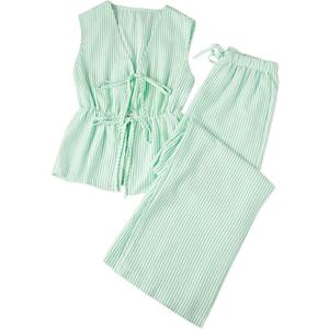 Women's Striped 2 Piece Set Tie Front Peplum Tank Tops and Wide Leg Pants Sets Blue Medium (Green, M)